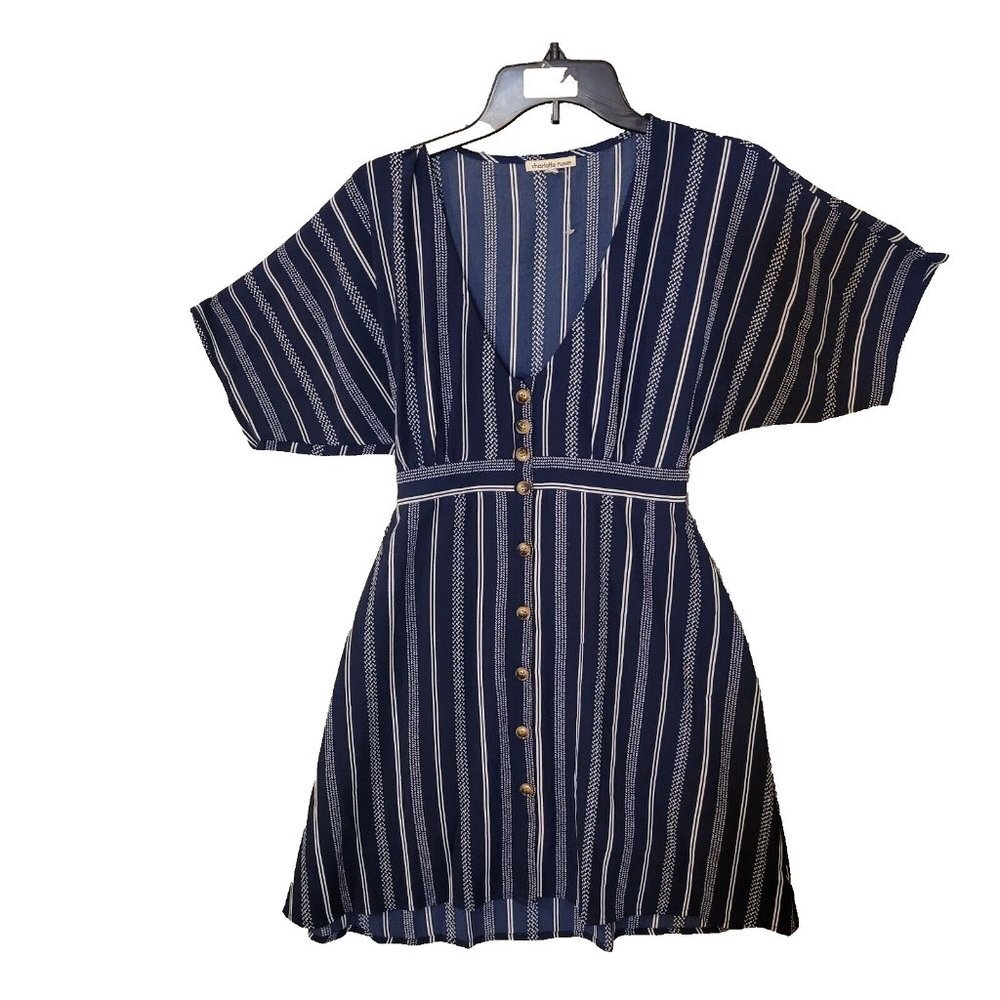 NWT Charlotte Russe V Neck Button Up Back Tie Striped Mini Dress Blue Size Small - Picture 3 of 12